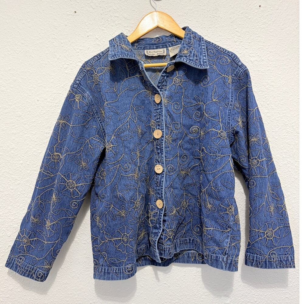 Vintage Denim Embroidered Jacket Floral Boho Fairy Cottage 90s Festival